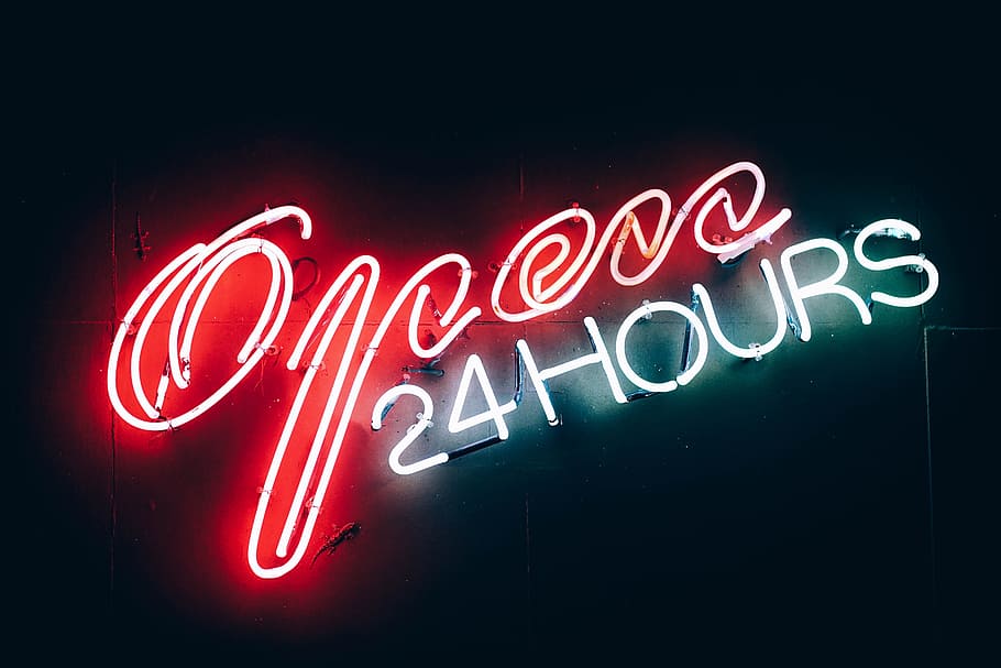 low light photography of LED sign, Open 24 Hours Sign, neon sign