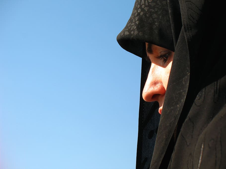 woman wearing black hijab headdress, pray, religion, god, worship