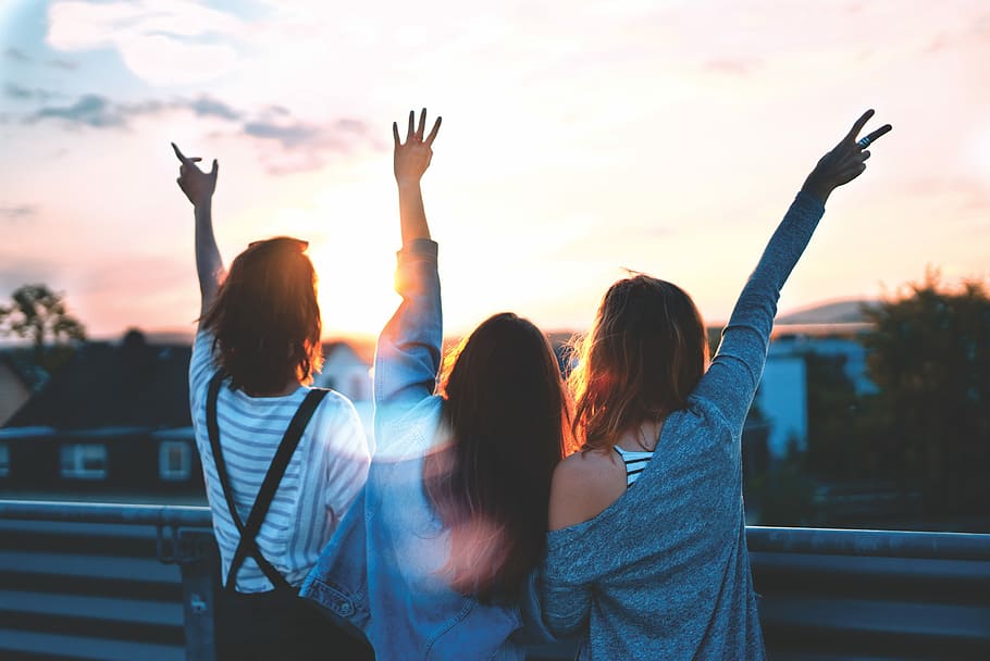 photo of three women lifting there hands \, three women standing on bridge and pointing fingers, HD wallpaper