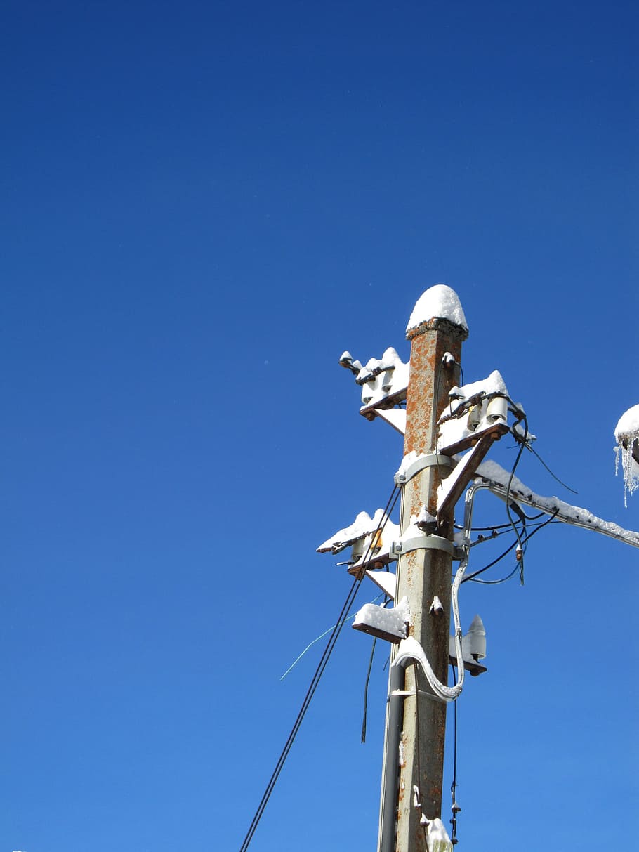 Current, Caution, Power Line, Energy, blue, clear sky, low angle view HD wallpaper