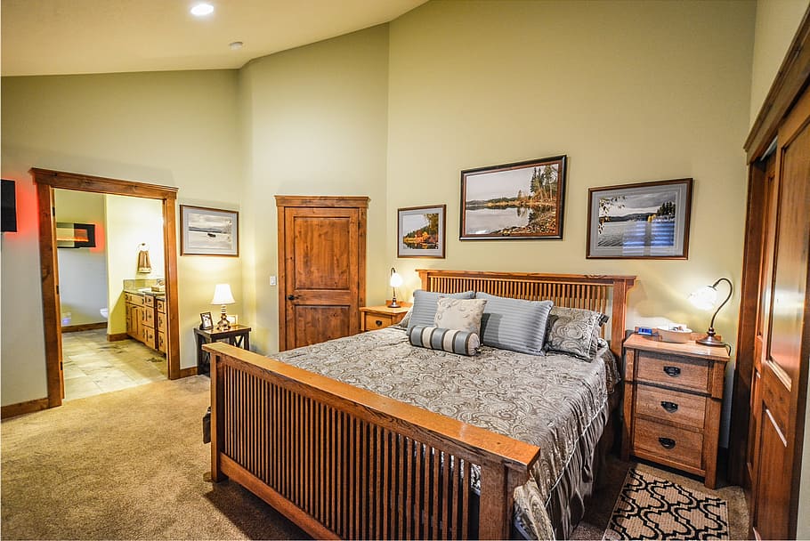 brown wooden bed with gray bedspread, bedroom set, master bedroom