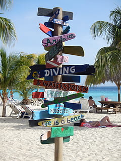 brown signboards on gray sand, Shield, Directory, Curacao, Beach HD wallpaper