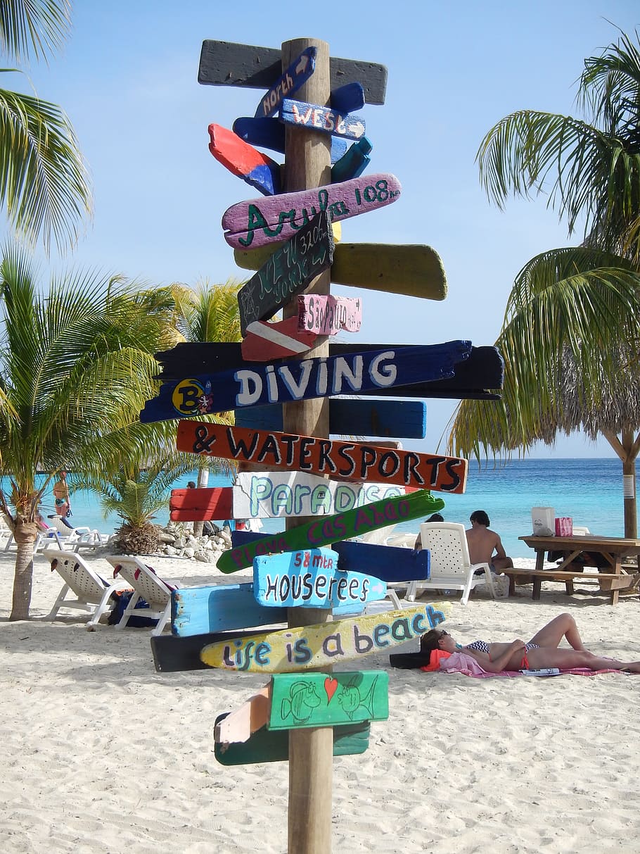brown signboards on gray sand, Shield, Directory, Curacao, Beach HD wallpaper