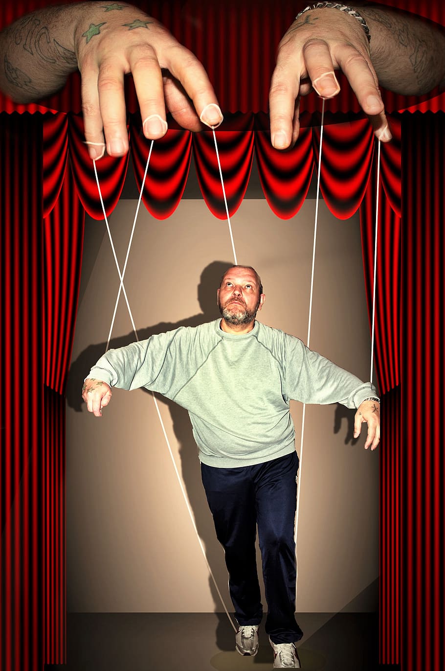 male marionette illustration, hands, man, stage, presentation HD wallpaper