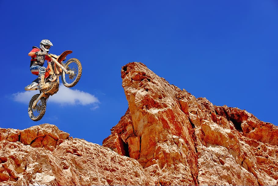 person on dirt bike jumping off from cliff, motocross, motorcycle, HD wallpaper