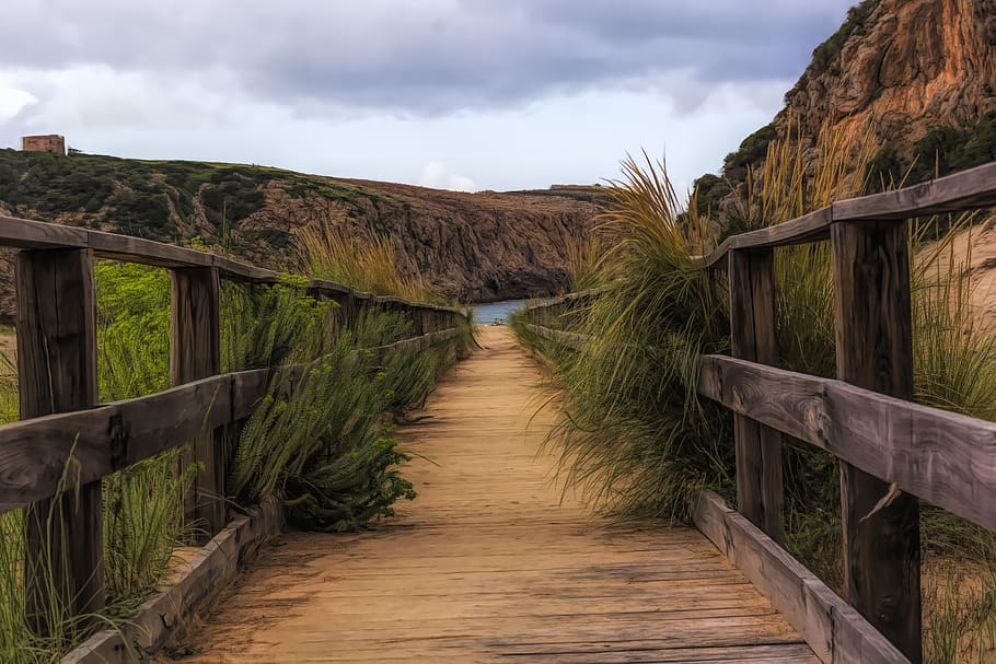 beach, path, sand, sardinia, walkway, sky, wood - material, HD wallpaper