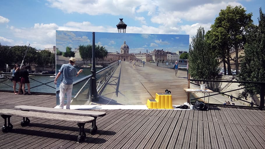 man painting bridge on wooden dock, painter, the framework HD wallpaper