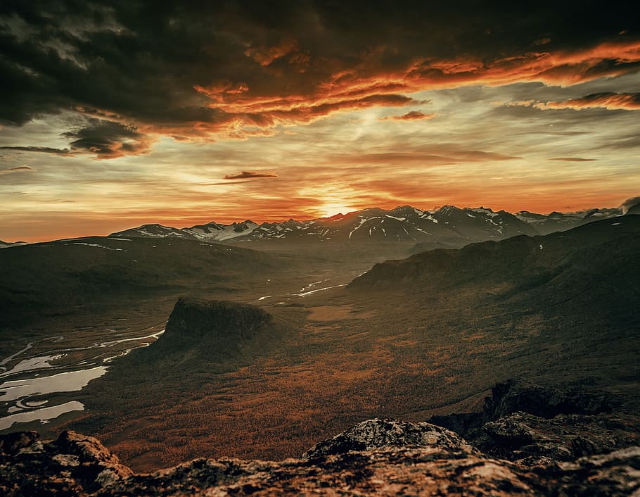 sunset, dusk, sky, clouds, mountains, rocks, landscape, scenics - nature HD wallpaper