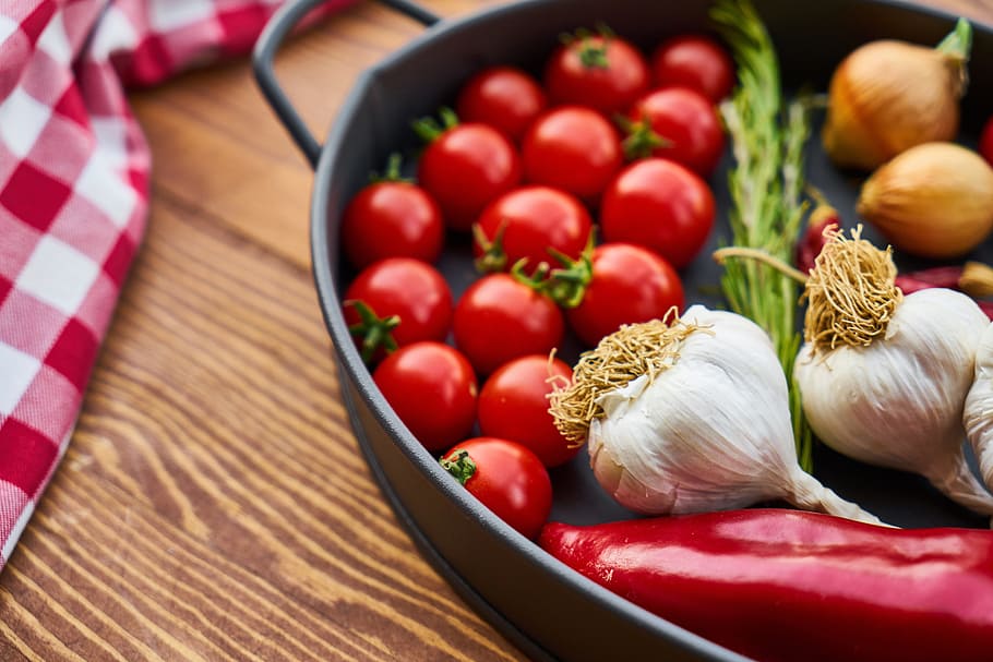 tomato, garlic, pepper, onion, nutrition, backgrounds, restaurant, HD wallpaper