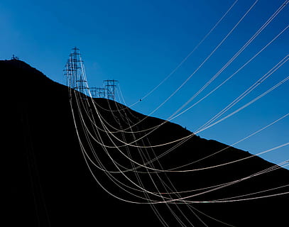 electric post on mountain, dark, blue, sky, transmission, line HD wallpaper
