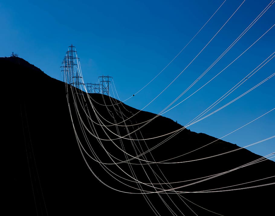 electric post on mountain, dark, blue, sky, transmission, line