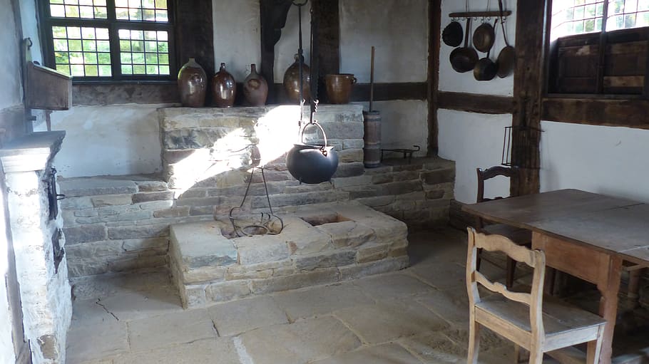 old kitchen, museum, museum kitchen, antique, fireplace, day HD wallpaper