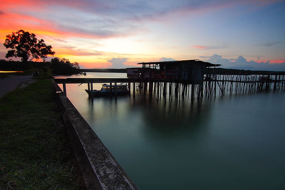 wood, jetty, light, sea, backlit, beach, beach hut, boat, bridge HD wallpaper