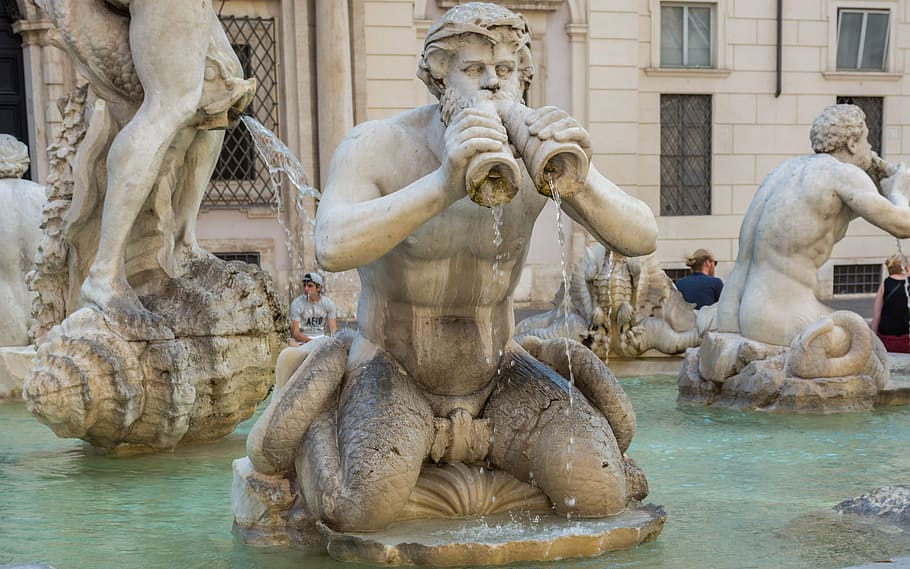man blowing horn water fountain, rome, moor fountain, piazza navona, HD wallpaper