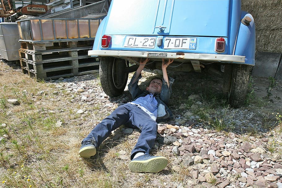 repairing, master, old, car, boy, fun, citroen, blue, work HD wallpaper