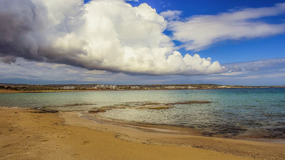 beach, sand, sea, sky, clouds, dramatic, scenery, makronissos beach HD wallpaper