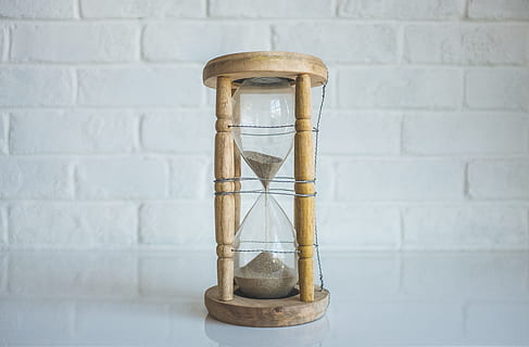 clear hour glass with brown frame, brown wooden frame hour glass HD wallpaper