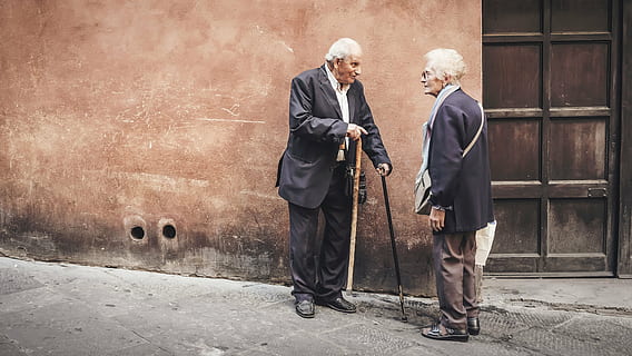 two man talking, people, old, elderly, woman, outside, house HD wallpaper