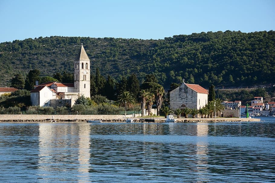 church near body of water, vis, island, croatia, dalmatia, mediterranean HD wallpaper