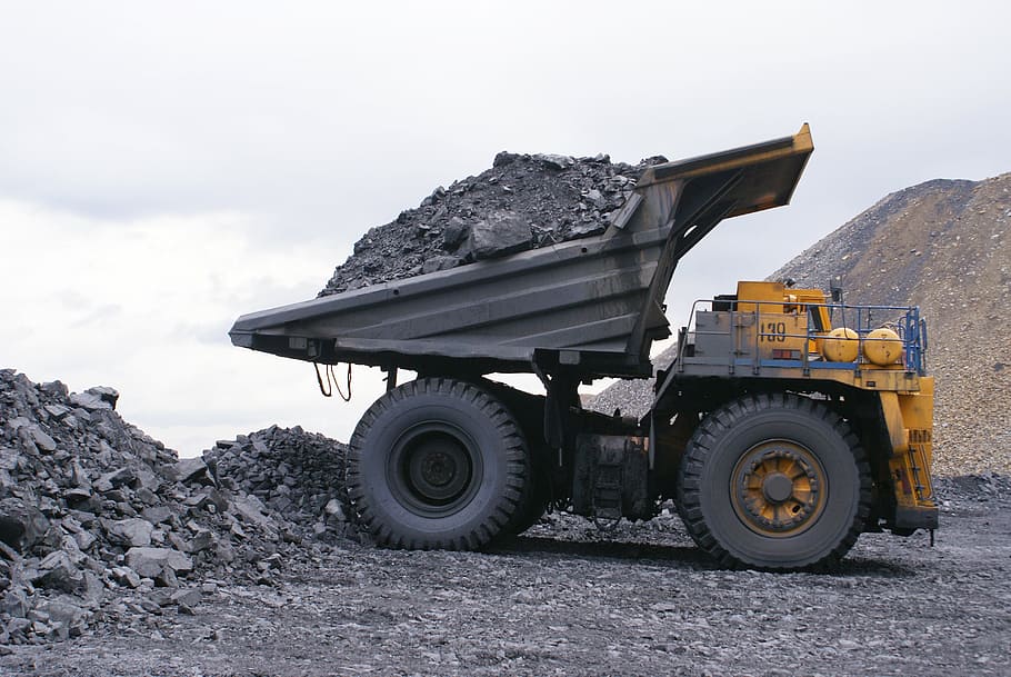 yellow and gray haul truck carrying sand and soil, Dumper, Coal Mining