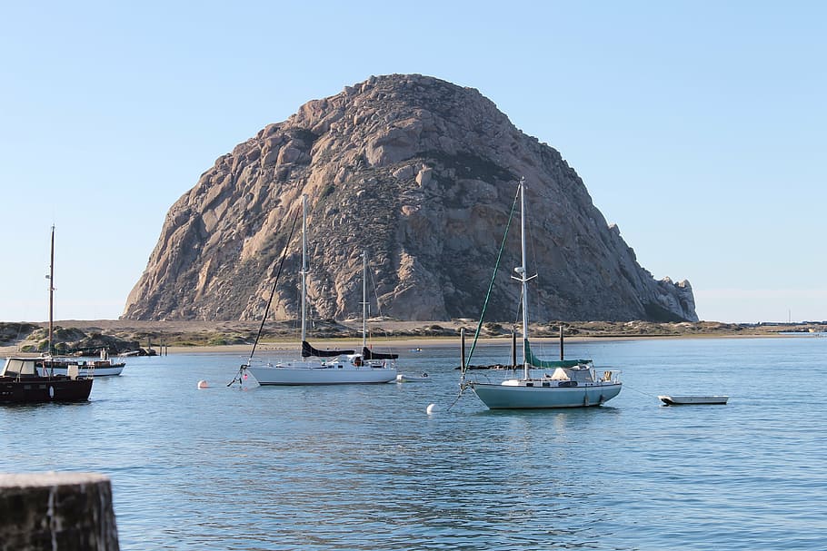 morro bay ca, morro rock, sailboat, coast, ocean, california, HD wallpaper