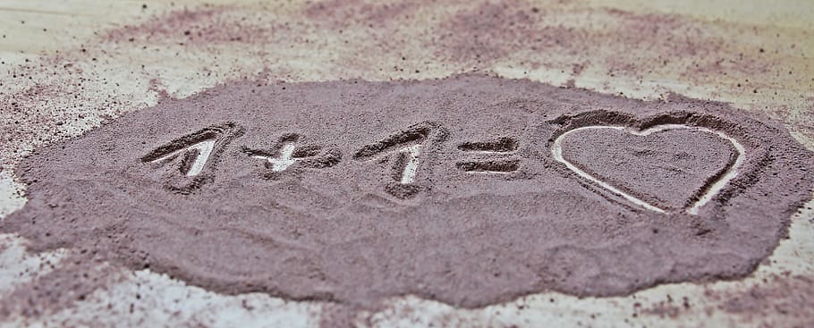 close up photo of 1 + 1 = Heart draw on sand, love, together, HD wallpaper