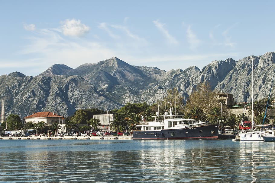 white and black passenger boat beside sailing boat, Kotor, Montenegro, HD wallpaper