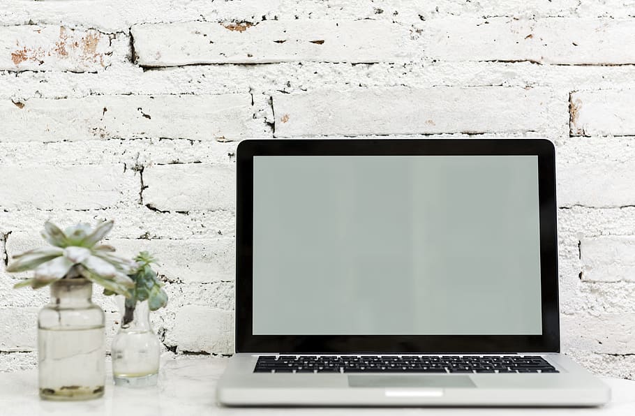 MacBook pro beside clear glass vases, design space, copy space HD wallpaper