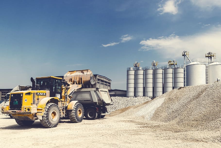 yellow and black tractor, clouds, daytime, equipment, gravel, HD wallpaper