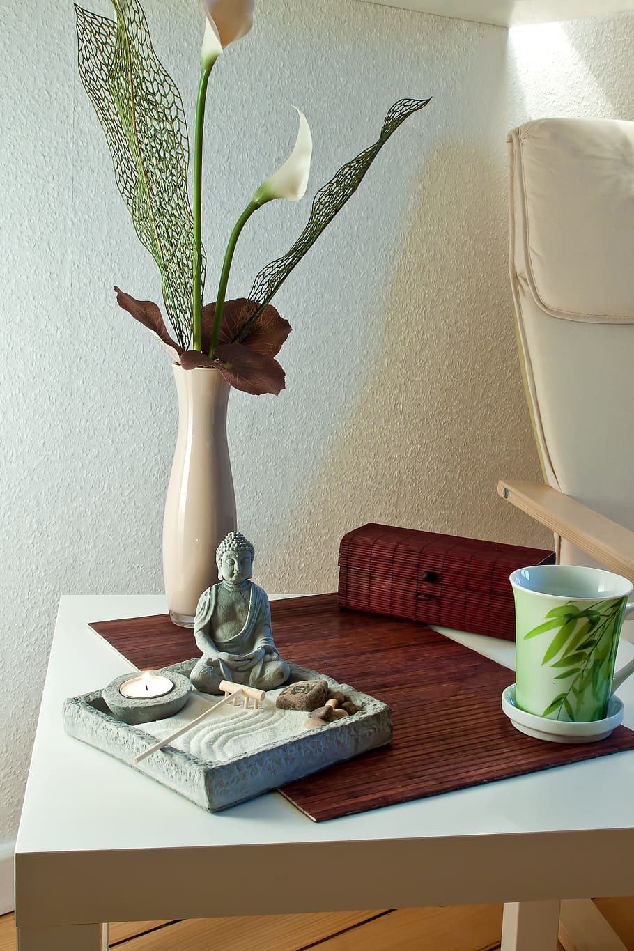 vase with leaf on table, buddha, religion, relaxation, buddhism