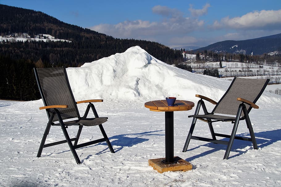 recreation, relax, peace, winter, rest, snow, mountains, sunny day HD wallpaper