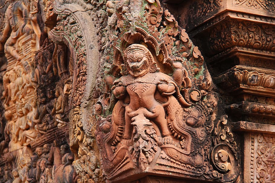 brown concrete statue, banteay srei, temple, travel, antique