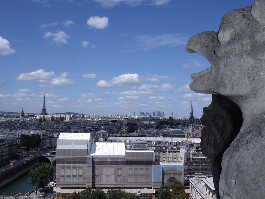 paris, notre dame, landscape, eiffel tower, sky, blue, city HD wallpaper