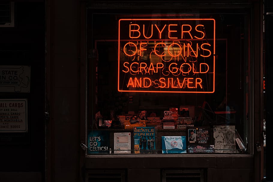 orange buyers of coins scrap gold and silver neon signage, orange Buyers Of Coins Scrap Gold an Silver neon signage