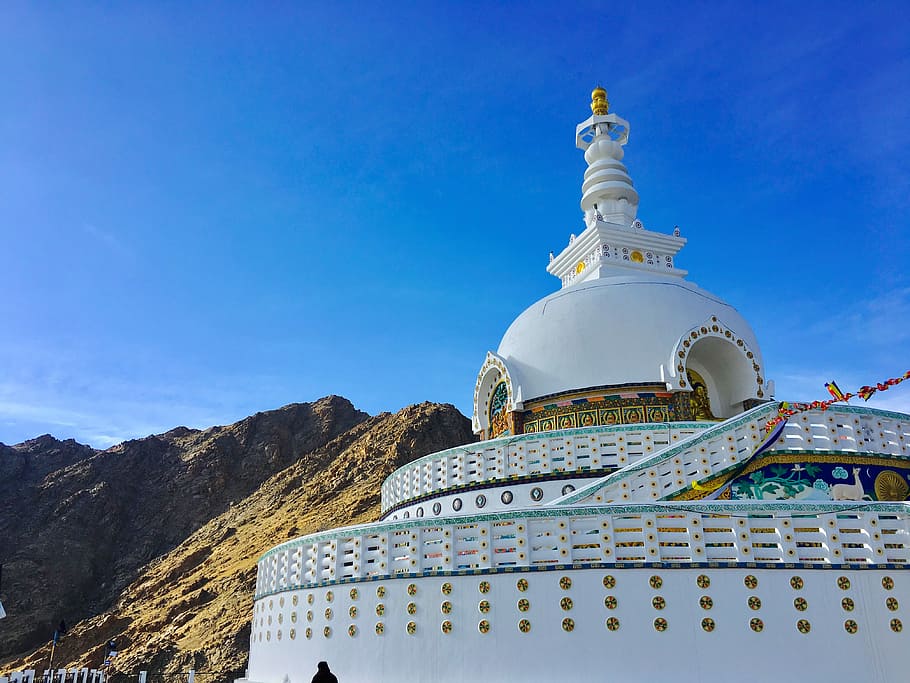 Shanti stupa monestary, white concrete temple, building, sky