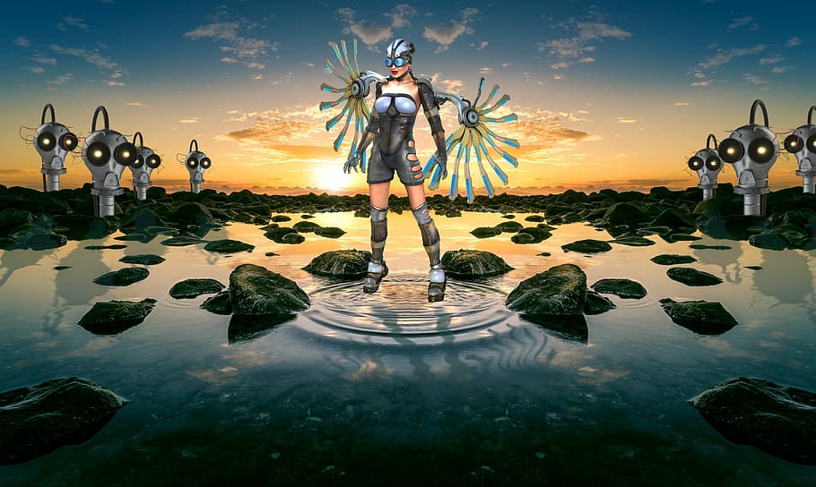 female character standing on blue body of water digital wallpaper, HD wallpaper