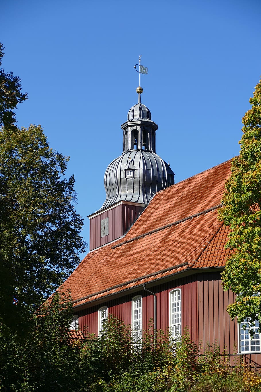 church, steeple, clock tower, onion, altenau, weathervane, architecture HD wallpaper