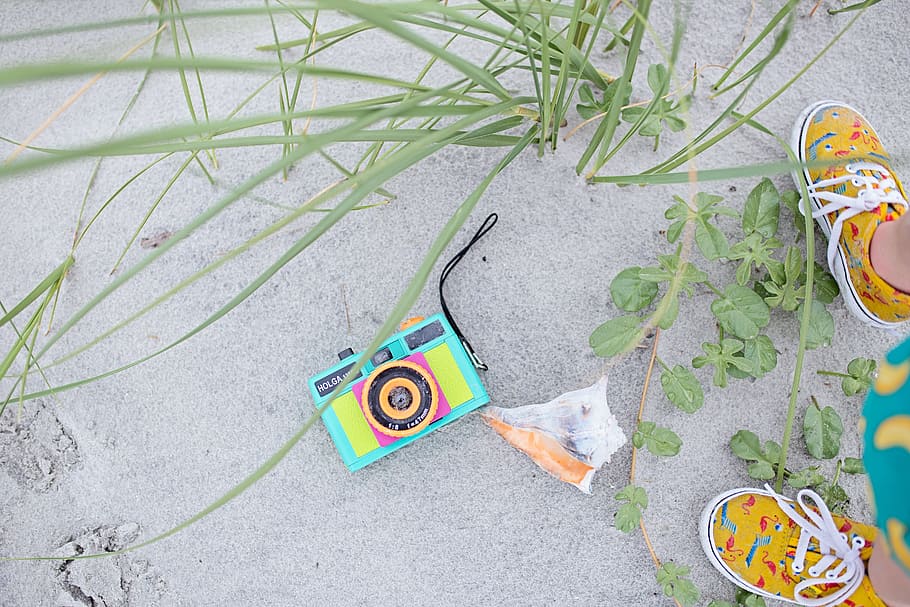 Multicolored Digital Camera With Pair Brown Shoes, beach, bright HD wallpaper
