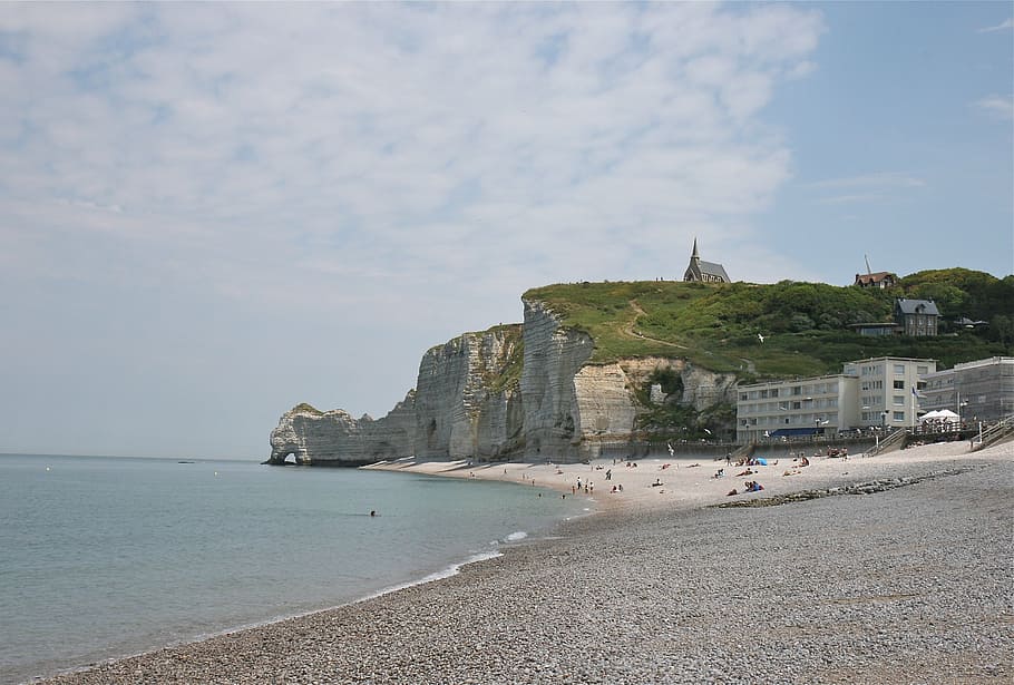 cliff, coast, sea, ocean, france, etretat, water, sky, beach HD wallpaper
