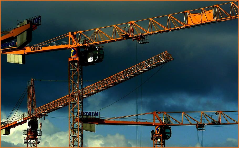 orange crane and sky, site, build, baukran, lift loads, crane arm