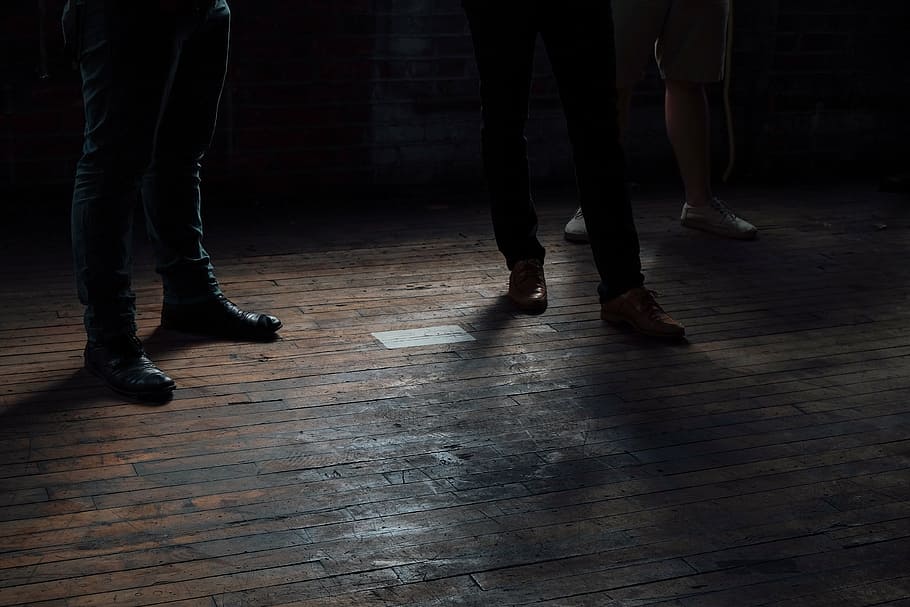 three people standing on brown wooden floor, parquet, flooring, HD wallpaper