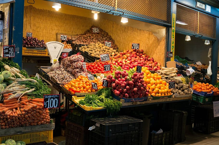 pile of fruits in market, vegetables, purchasing, food and drink HD wallpaper