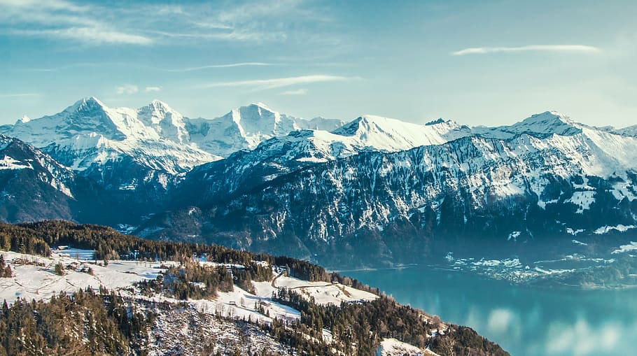 photo of mountain at daytime, mountains, lake, winter, beatenberg HD wallpaper