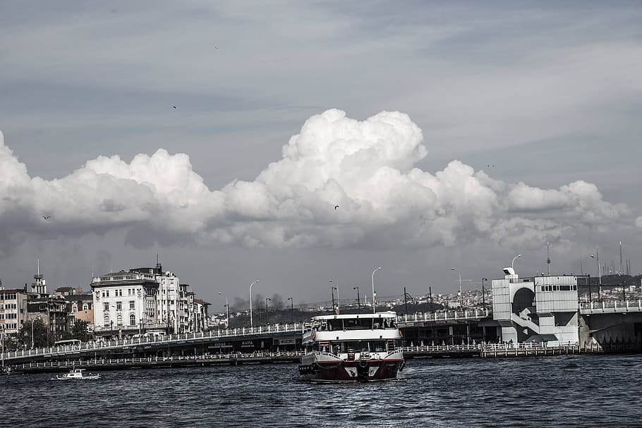 galata, galata bridge, v, cloud, marine, art, sky, clouds, landscape, HD wallpaper