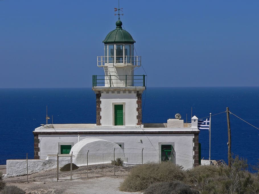 lighthouse, santorini, landscape, architecture, built structure HD wallpaper