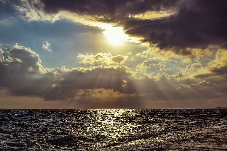 sun, sunset, sea, sky, clouds, light path, sunshine, sunbeam HD wallpaper