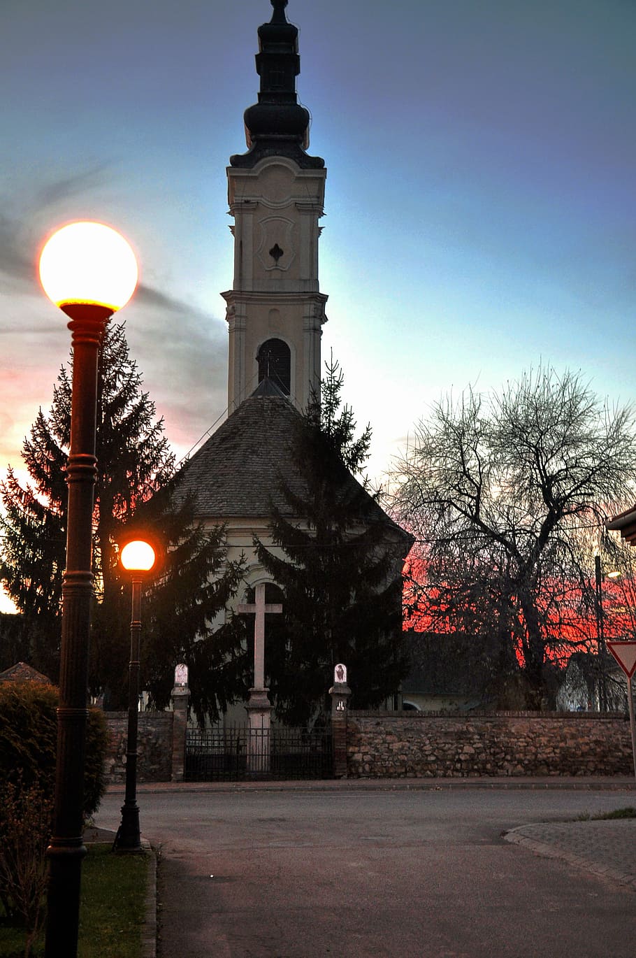 church, evening, lights, sunset, sky, architecture, tree, building exterior HD wallpaper