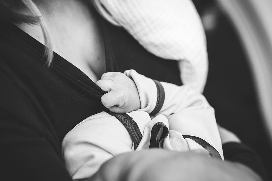 grayscale photography of baby holding mother's shirt, woman, people, HD wallpaper
