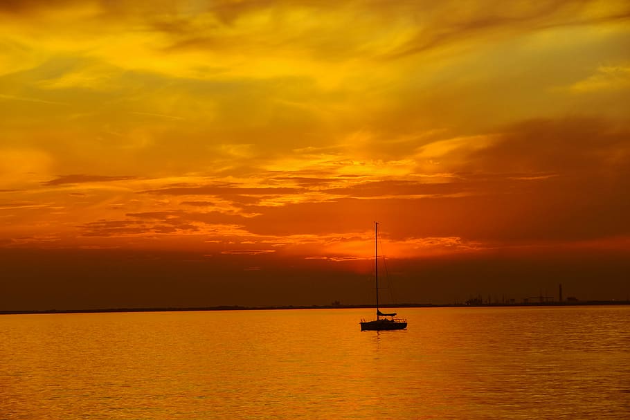 boat, sun, sunset, water, nautical vessel, cloud - sky, sea HD wallpaper