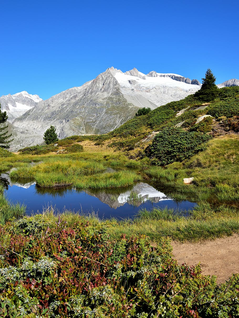 mountain, pond, landscape, mirroring, switzerland, nature, scenics - nature HD wallpaper